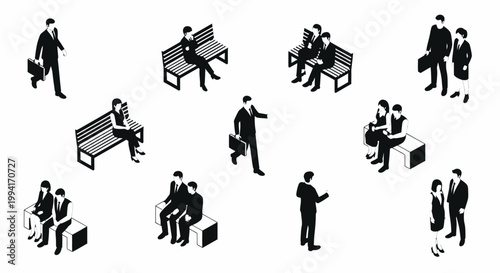 isometric black silhouette business people sitting and standing on benches and waiting