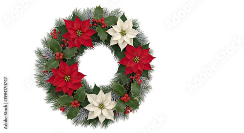 Christmas Wreath with Poinsettias and Holly