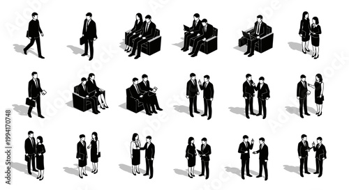 isometric business people silhouettes in black and white various poses and interactions