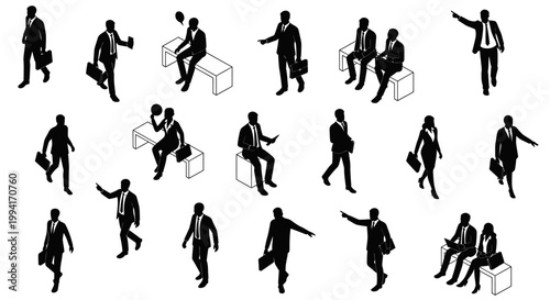isometric silhouettes of businessmen in various poses conveying business concepts and interactions