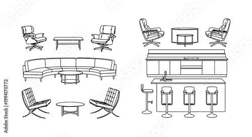vector illustration of modern furniture set including sectional sofa chairs and bar stools