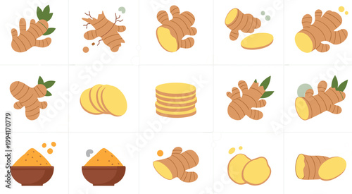 Set of Ginger Root Icons and Illustrations Including Bowls of Powder Slices and Green Leaves in a Grid Layout for Healthy Food Menus and Organic Spice Packaging Designs