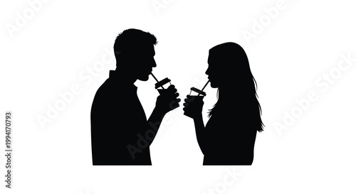 A couple enjoys beverages together in a striking black silhouette showcasing a romantic and intimate moment silhouette high quality professional detailed
