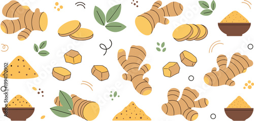 Set of Hand Drawn Ginger Root Illustrations Featuring Bowls of Ground Powder Slices and Green Leaves for Organic Spice Healthy Cooking and Herbal Medicine Designs