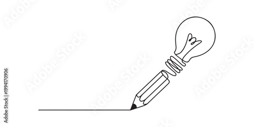 Continuous One line drawing of Pencil with idea light bulb combined into symbol, creative energy design art or science invention or research, 