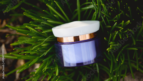 Luxurious skincare cream on green pine needles for a natural holiday vibe