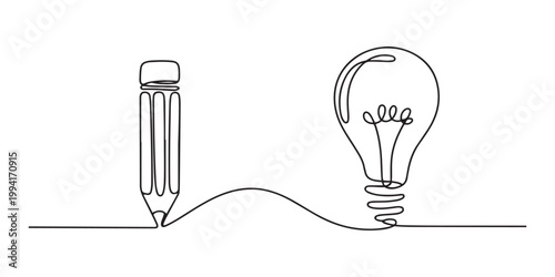 Continuous One line drawing of Pencil with idea light bulb combined into symbol, creative energy design art or science invention or research, 