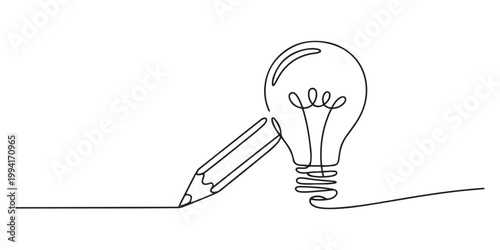 Continuous One line drawing of Pencil with idea light bulb combined into symbol, creative energy design art or science invention or 