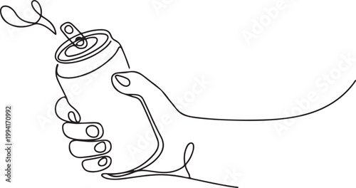 Continuous one line hand drawn of hand holding sparkling water can. Man hand holding aluminum soda can, Soft drink can opening.one line vector illustration on white background