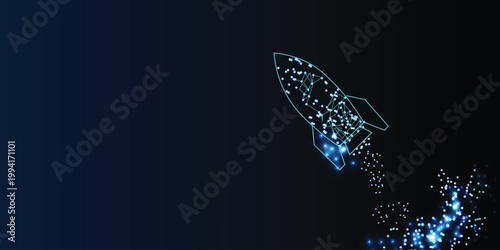 Futuristic glowing wireframe rocket launch on dark blue background, startup innovation and technology network concept with copy space