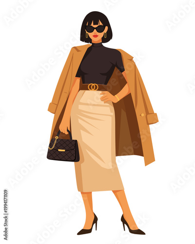 Young woman with handbag vector illustration. Fashion model posing with purse. Fashion woman illustration 