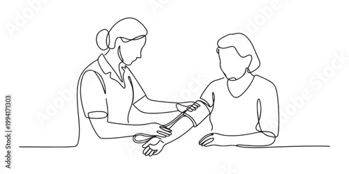 nurse measuring blood pressure and checking heartbeat on senior woman's wrist. Doctor and patient concept.one line vector illustration on white background