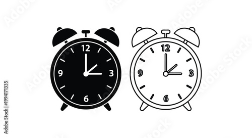 Two classic alarm clocks are displayed one solid black and one outlined showcasing a simple time of nine thirty silhouette
