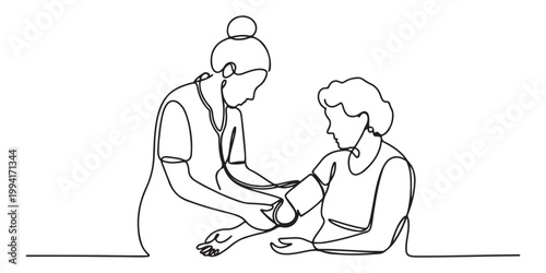 nurse measuring blood pressure and checking heartbeat on senior woman's wrist. Doctor and patient concept.one line vector illustration on white background