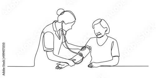nurse measuring blood pressure and checking heartbeat on senior woman's wrist. Doctor and patient concept.one line vector illustration on white background