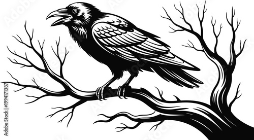 Gothic Screaming Raven on Gnarled Branch Woodcut
