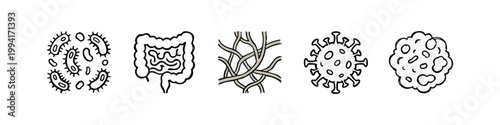 Hand Drawn Biological and Medical Icons with Bacteria and Intestine