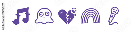 Purple Hand Drawn Emotions and Music Icons with Ghost and Heart