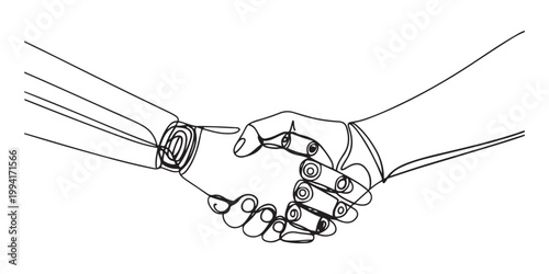 robot hand and human hand deal handshake future tense business.one line vector illustration on white background