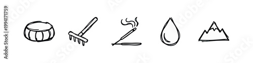 Hand Drawn Sketch Icons for Meditation, Gardening, Incense, Water and Mountains