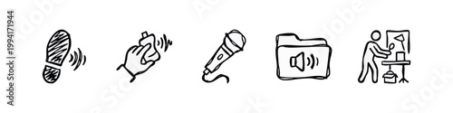 Sound Recording and Foley Art Icon Set in Hand-Drawn Sketch Style - Footstep, Foley Hand, Mic, Audio Folder, Artist