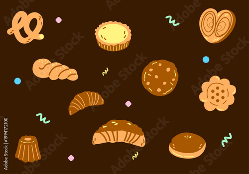 Collection of dessert icons with pretzel egg tart croissant and cookies for cafe branding