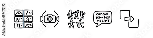 Multimedia and Online Meeting Line Art Icon Set with Camera Presentation and Storyboard