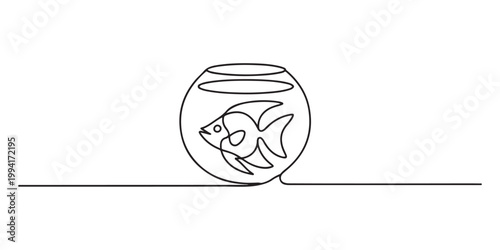 Vector continuous one single line drawing icon of fish in aquarium.one line vector illustration on white background