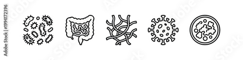 Biology and Human Gut Health Line Art Icon Set