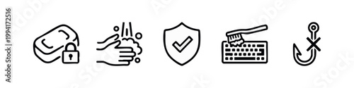 Hygiene and Cybersecurity Icons Clean Line Vector Set