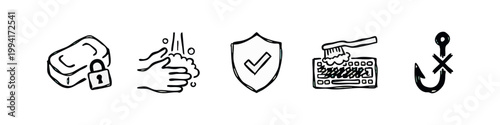 Hygiene and Cybersecurity Icons Rough Hand Drawn Sketch Set