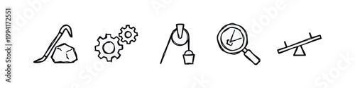 Black and White Hand Drawn Sketchy Simple Machine Icons Collection with Lever Gears Pulley and Seesaw
