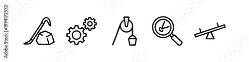 Clean Line Art Simple Physics Machine Icons Set with Crowbar Gears Pulley Magnifying Glass and Seesaw