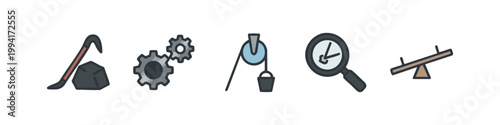 Modern Colorful Simple Machine and Physics Tools Icon Set Featuring Lever Cogwheels Pulley and Magnifier
