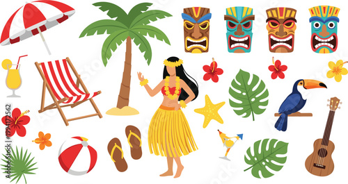 Tropical Summer Beach Vacation Vector Icon Set Featuring Hula Dancer Palm Tree Tiki Masks Toucan Beach Chair and Exotic Flowers for Island Travel and Party Designs