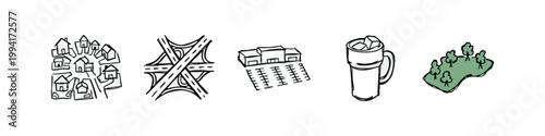 Hand Drawn Urban and Infrastructure Sketch Icons Featuring Suburbs Highways Shopping Mall and Nature