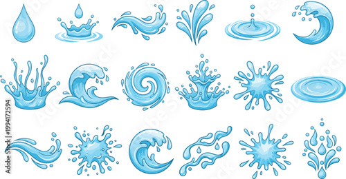 Water splash and droplet collection, waves swirls ripples fluid motion vector illustration, glossy blue artwork design graphic - stylized dynamic water icon set illustration