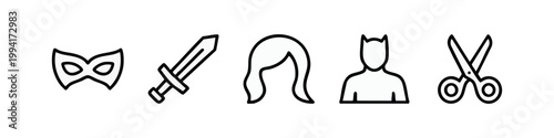 Black Line Art Hobby and Costume Icons with Mask Sword and Scissors Symbols