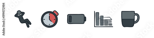 Set of Colored Line Art Icons for Burnout Recovery and Productivity Management