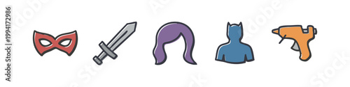 Colored Line Art Costume Accessory Icons with Superhero Mask and Sword