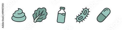 Colorful hand-drawn icons: poop, lettuce, bottle, bacteria, capsule