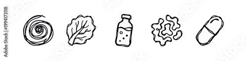 Hand-drawn icons: spiral, lettuce, bottle, abstract, capsule