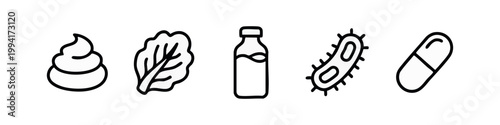 Outline icons: poop, lettuce, bottle, bacteria, capsule