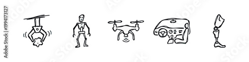 Doodle Icons: Robotic Arm, Robot, Drone, Car, Prosthetic Leg