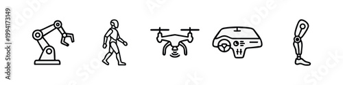 Line Art Icons: Robotic Arm, Robot, Drone, Car, Prosthetic Leg