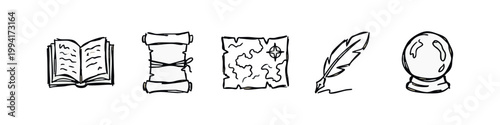 Doodle Icons: Book, Scroll, Map, Feather Pen, Crystal Ball