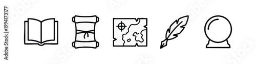 Line Art Icons: Book, Scroll, Map, Feather Pen, Crystal Ball