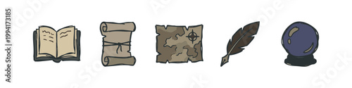 Color Icons: Book, Scroll, Map, Feather Pen, Crystal Ball