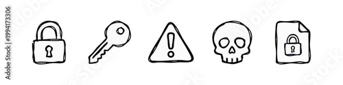 Cyber Security and Warning Hand Drawn Doodle Icon Set - Padlock, Key, Skull, Alert, Locked File