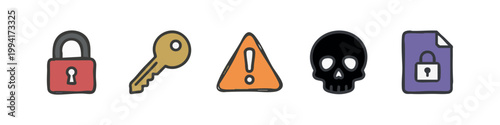 Colored Cyber Security and Warning Hand Drawn Doodle Icon Set - Padlock, Key, Skull, Alert, Locked File